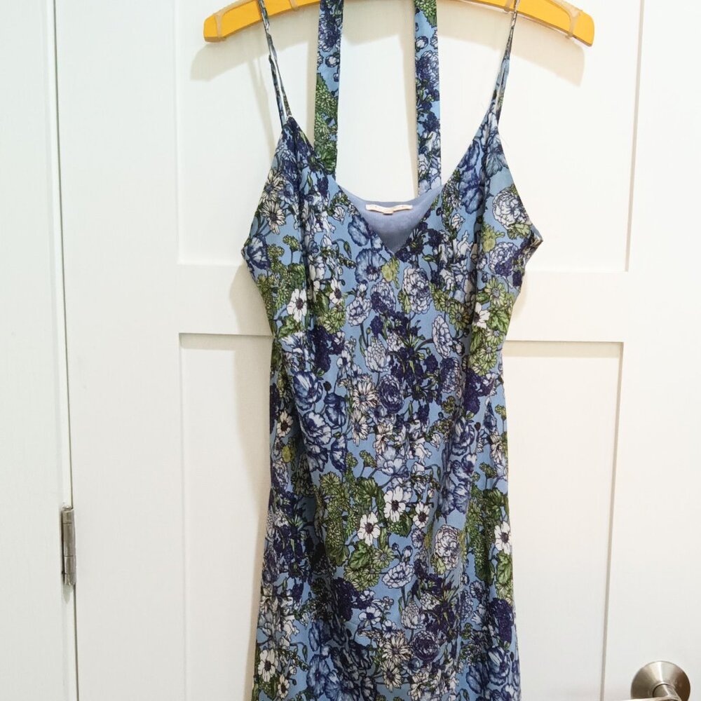 Gold Hawk Lavender Floral Silk Slip Dress with Bottom Lace and Matching Tie Belt